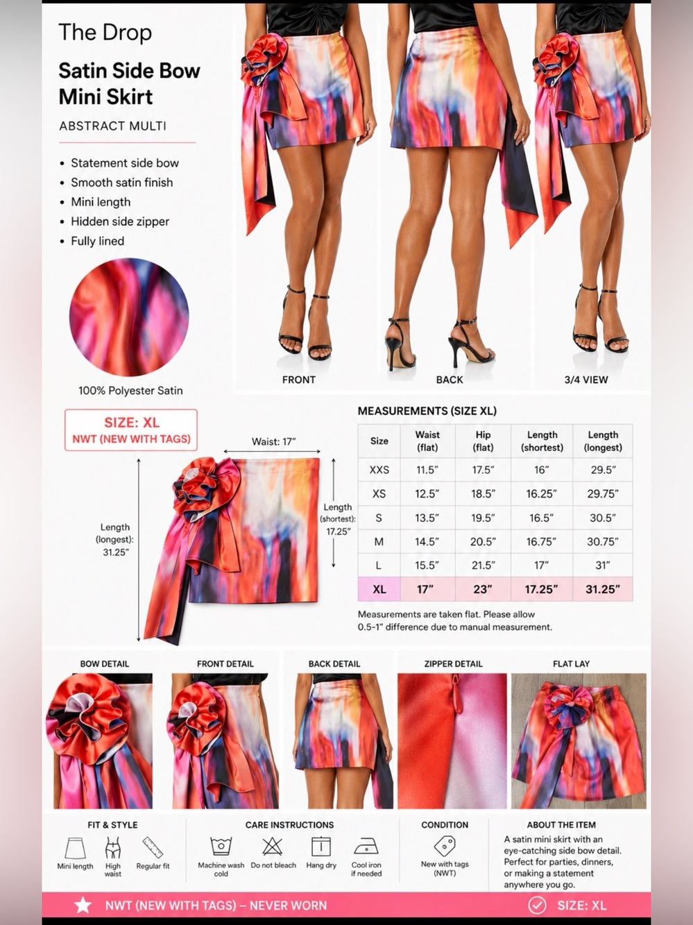 The Drop Satin Side Bow Mini Skirt XL NWT Abstract Multi Statement Party Skirt